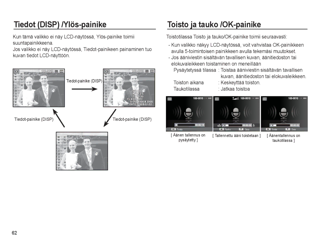 Samsung EC-PL65ZABP/E2 manual Toisto ja tauko /OK-painike, Toistotilassa Toisto ja tauko/OK-painike toimii seuraavasti 