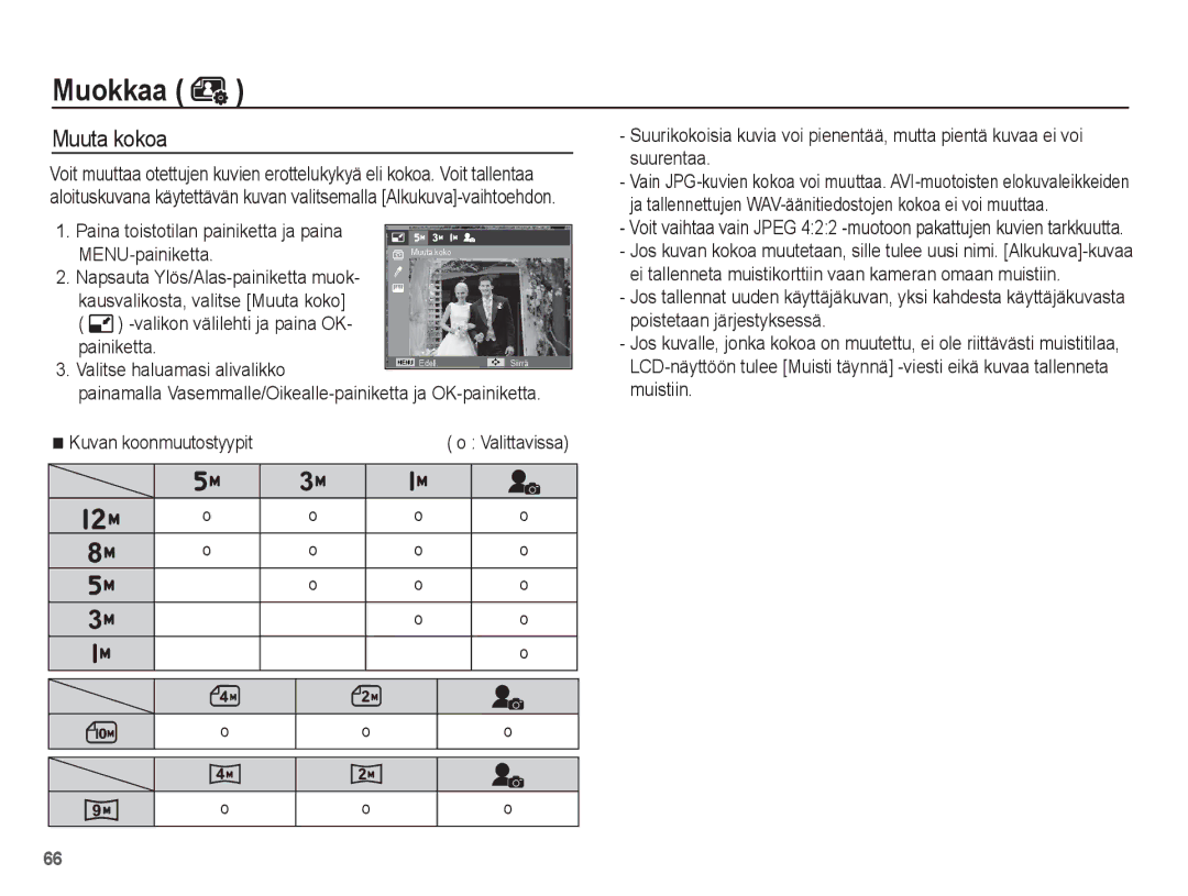 Samsung EC-PL65ZPBP/E2, EC-PL65ZABA/E1 manual Muokkaa, Muuta kokoa, MENU-painiketta, Painiketta, Kuvan koonmuutostyypit 