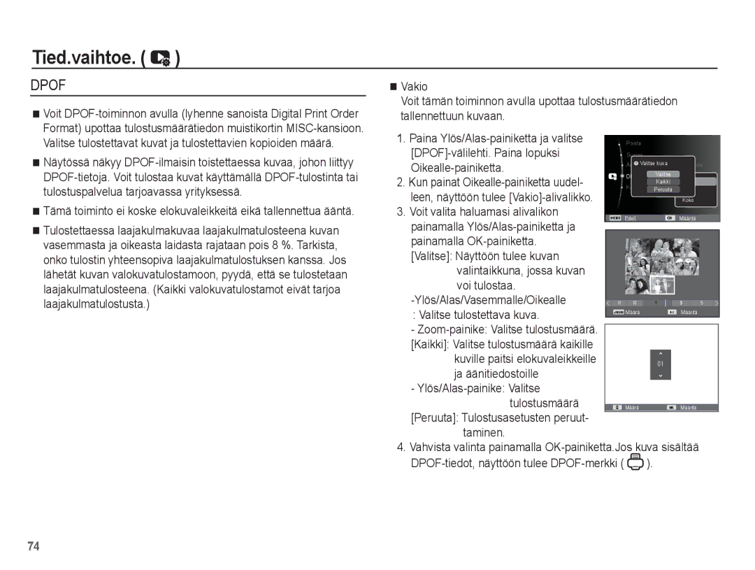 Samsung EC-PL65ZABA/E1, EC-PL65ZBBP/E2, EC-PL65ZPBP/E2 Ja äänitiedostoille Ylös/Alas-painike Valitse Tulostusmäärä, Taminen 