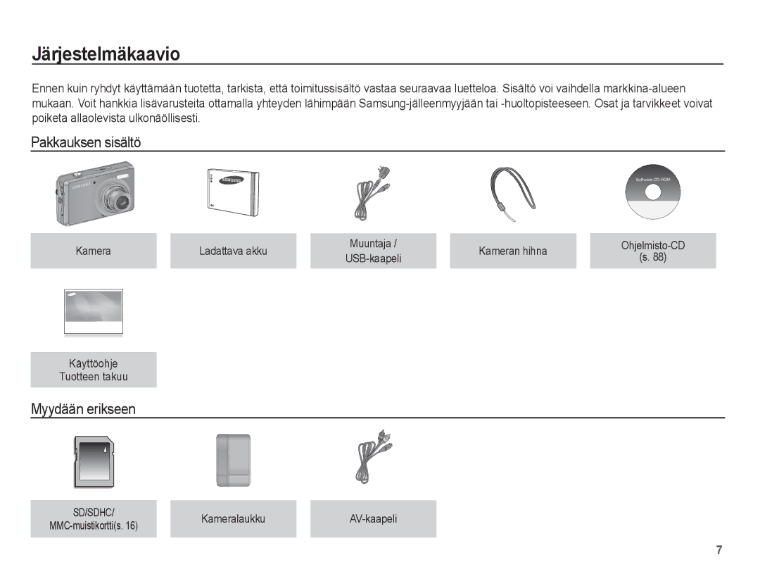 Samsung EC-PL65ZABP/E2, EC-PL65ZABA/E1, EC-PL65ZBBP/E2 manual Järjestelmäkaavio, Pakkauksen sisältö, Myydään erikseen 