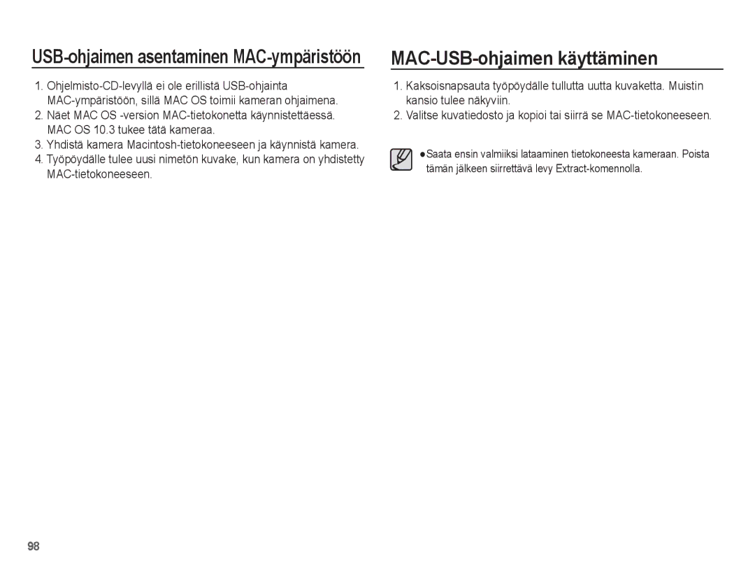 Samsung EC-PL65ZSBP/E2, EC-PL65ZABA/E1 manual MAC-USB-ohjaimen käyttäminen, USB-ohjaimen asentaminen MAC-ympäristöön 