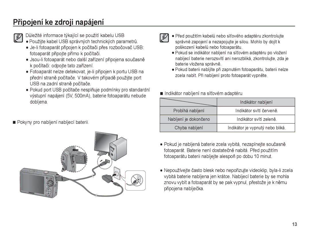 Samsung EC-PL65ZPBP/E3, EC-PL65ZABP/E3, EC-PL65ZBBP/E3, EC-PL65ZSBP/E3 manual Indikátor nabíjení na síĢovém adaptéru 