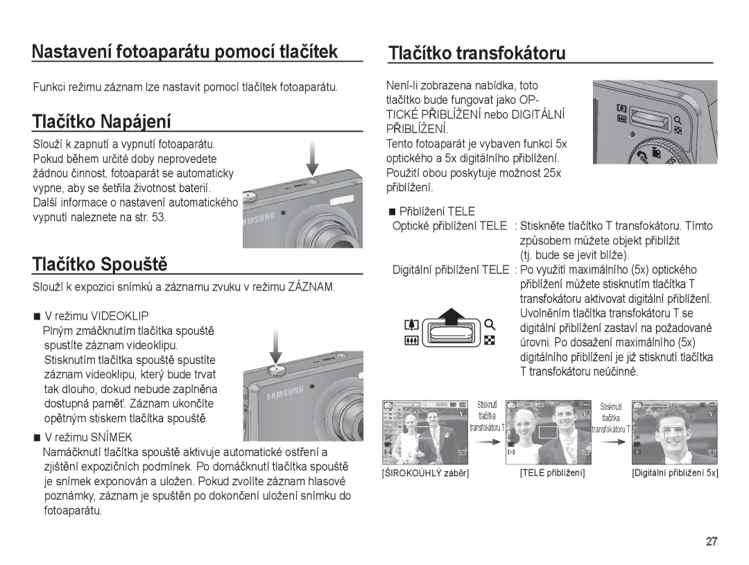 Samsung EC-PL65ZABP/E3 Nastavení fotoaparátu pomocí tlaþítek, Tlaþítko Napájení, Tlaþítko SpouštČ, Tlaþítko transfokátoru 