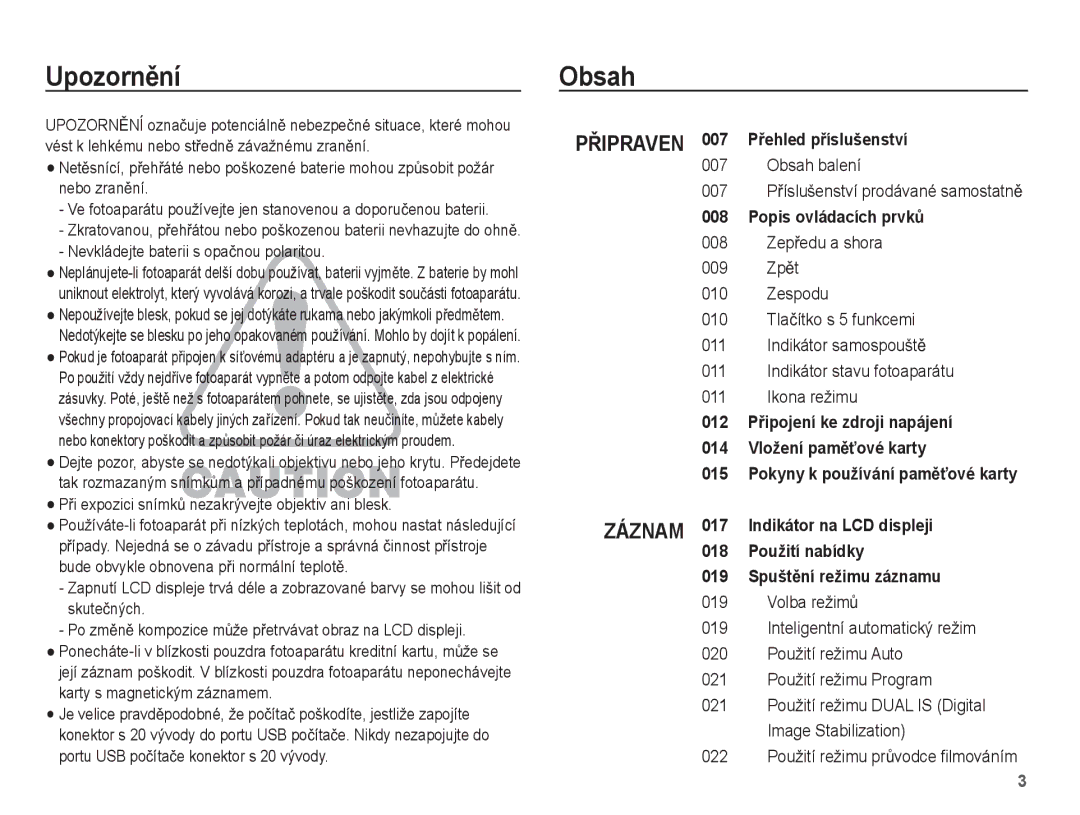 Samsung EC-PL65ZABP/E3, EC-PL65ZBBP/E3 manual UpozornČní Obsah, Obsah balení 007 PĜíslušenství prodávané samostatnČ 