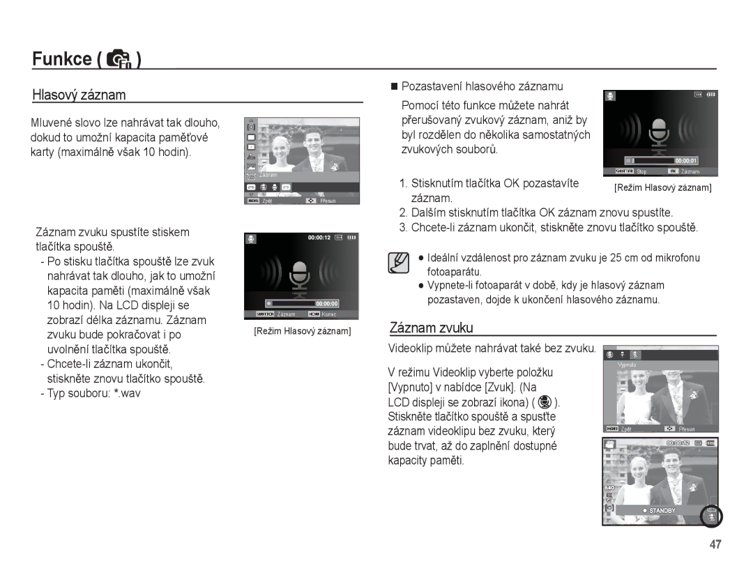 Samsung EC-PL65ZABP/E3, EC-PL65ZBBP/E3, EC-PL65ZPBP/E3, EC-PL65ZSBP/E3 manual Hlasový záznam, Záznam zvuku 