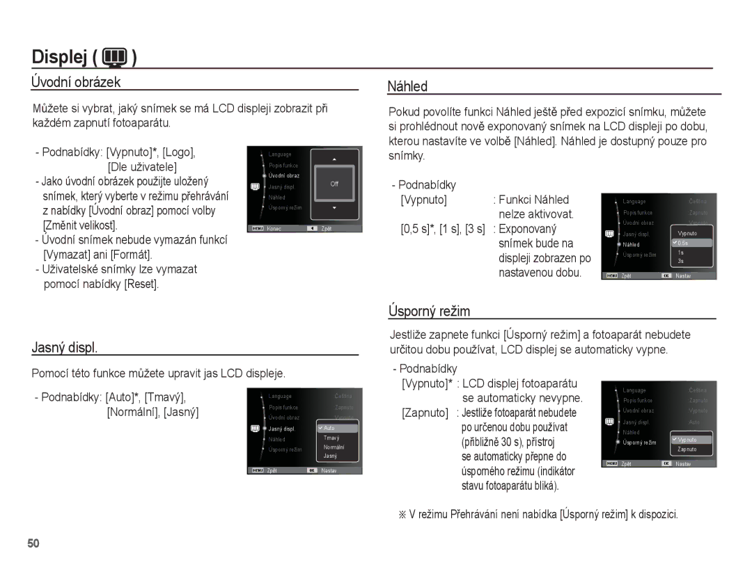 Samsung EC-PL65ZSBP/E3, EC-PL65ZABP/E3, EC-PL65ZBBP/E3, EC-PL65ZPBP/E3 manual Jasný displ Úsporný režim 