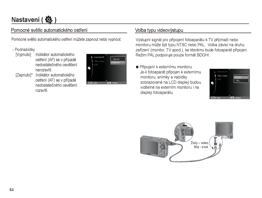 Samsung EC-PL65ZSBP/E3, EC-PL65ZABP/E3 manual Pomocné svČtlo automatického ostĜení, Volba typu videovýstupu, Nerozsvítí 