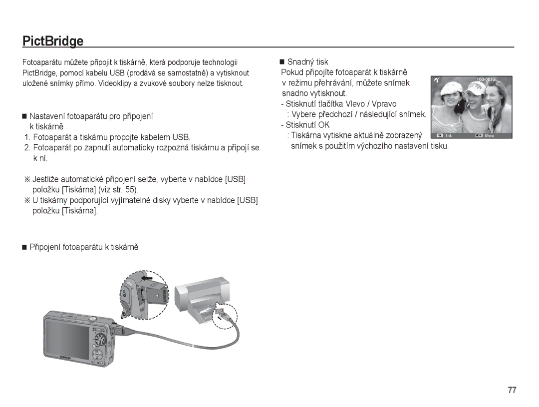 Samsung EC-PL65ZPBP/E3, EC-PL65ZABP/E3, EC-PL65ZBBP/E3 manual PictBridge, Snímek s použitím výchozího nastavení tisku 