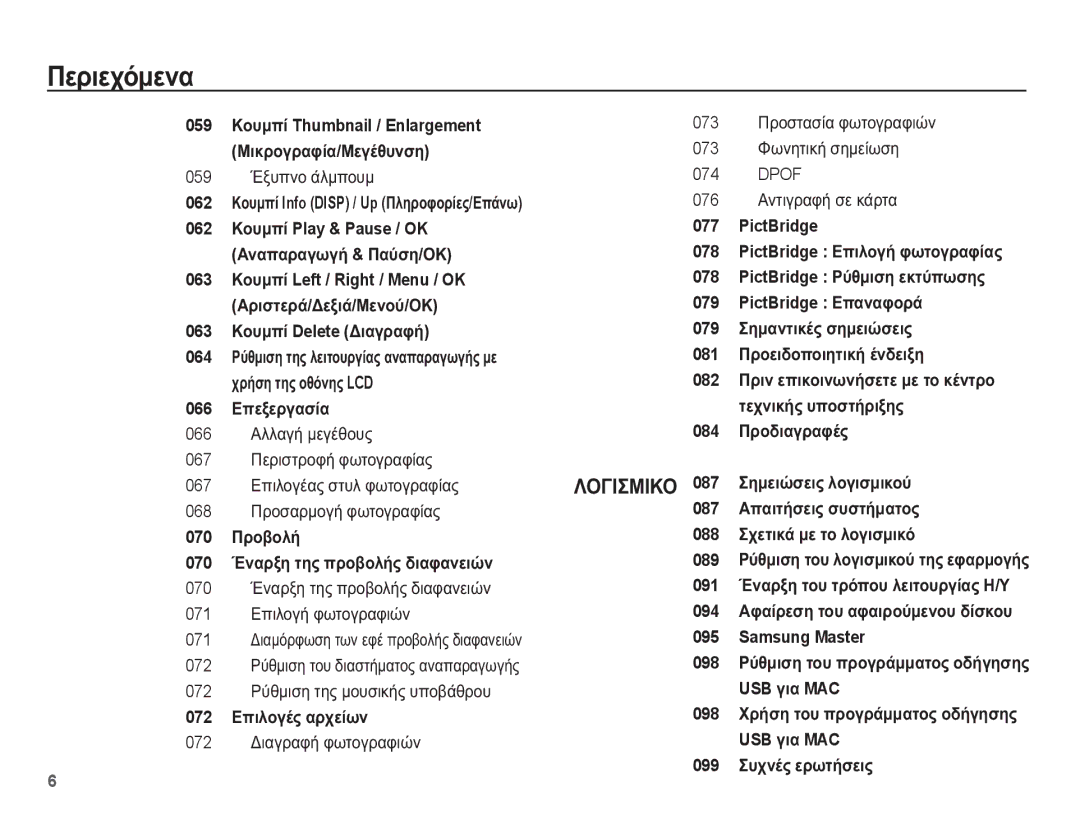 Samsung EC-PL65ZSBP/E3, EC-PL65ZABP/E3, EC-PL65ZBBP/E3, EC-PL65ZPBP/E3 manual 059 ǲȟȣʌȞȠ ȐȜȝʌȠȣȝ, 066 ǼʌİȟİȡȖĮıȓĮ 