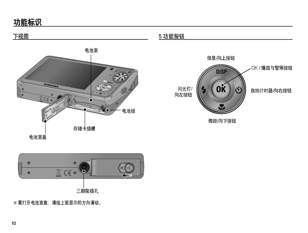 Samsung EC-PL65ZABP/E3, EC-PL65ZABP/IT manual 下视图 功能按钮, 电池室 信息/向上按钮, 向左按钮, 微距 /向下按钮, 存储卡插槽 电池室盖 三脚架插孔 要打开电池室盖，请按上面显示的方向滑动。 