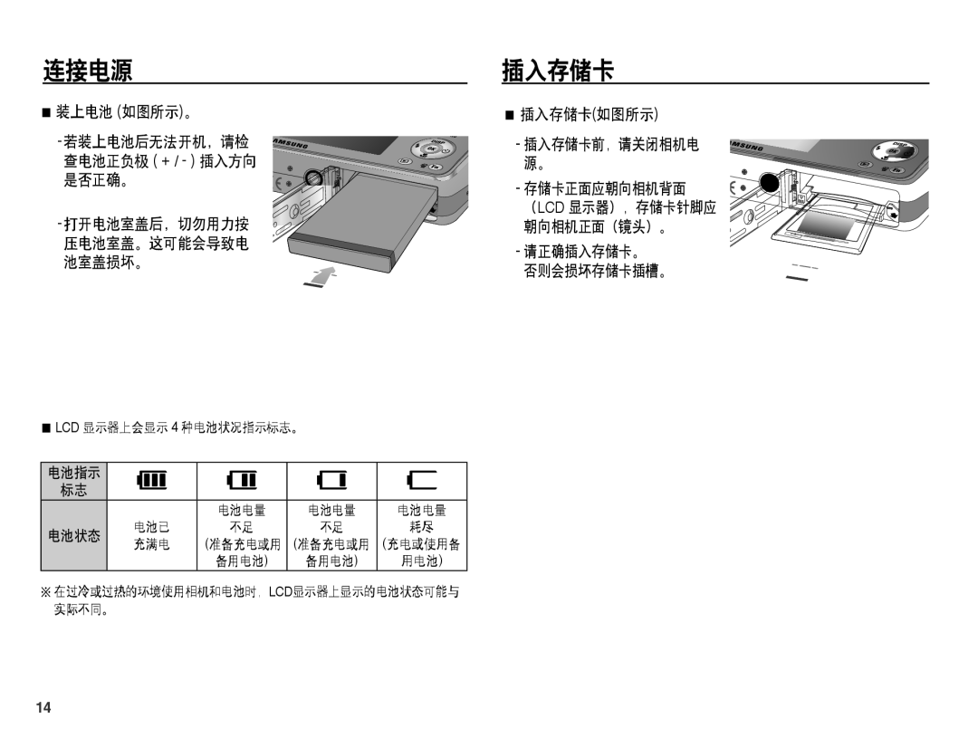 Samsung EC-PL65ZBBP/E2, EC-PL65ZABP/IT, EC-PL65ZBBA/IT manual 装上电池 如图所示。, 插入存储卡如图所示, 存储卡正面应朝向相机背面, 请正确插入存储卡。 否则会损坏存储卡插槽。 