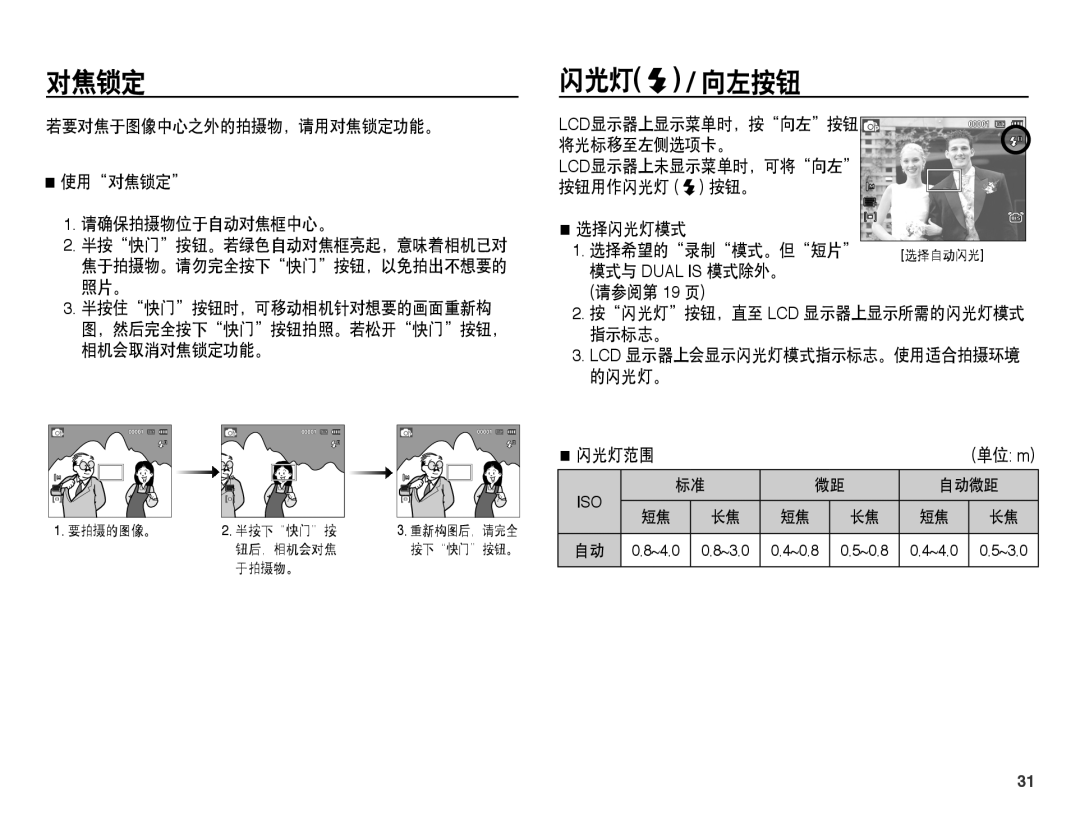 Samsung EC-PL65ZABP/IT, EC-PL65ZBBA/IT manual 闪光灯 / 向左按钮, 若要对焦于图像中心之外的拍摄物，请用对焦锁定功能。 使用对焦锁定 请确保拍摄物位于自动对焦框中心。, 闪光灯范围 