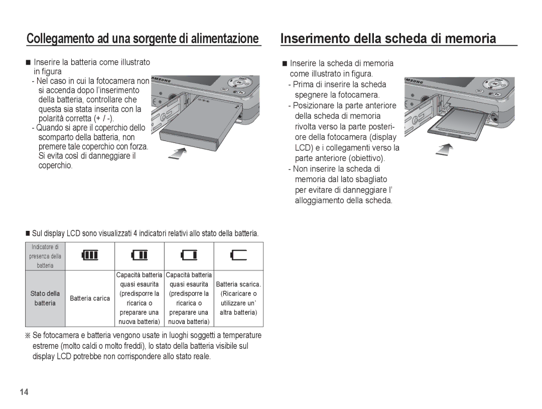 Samsung EC-PL65ZBBP/IT, EC-PL65ZABP/IT Inserimento della scheda di memoria, Inserire la batteria come illustrato in ﬁgura 