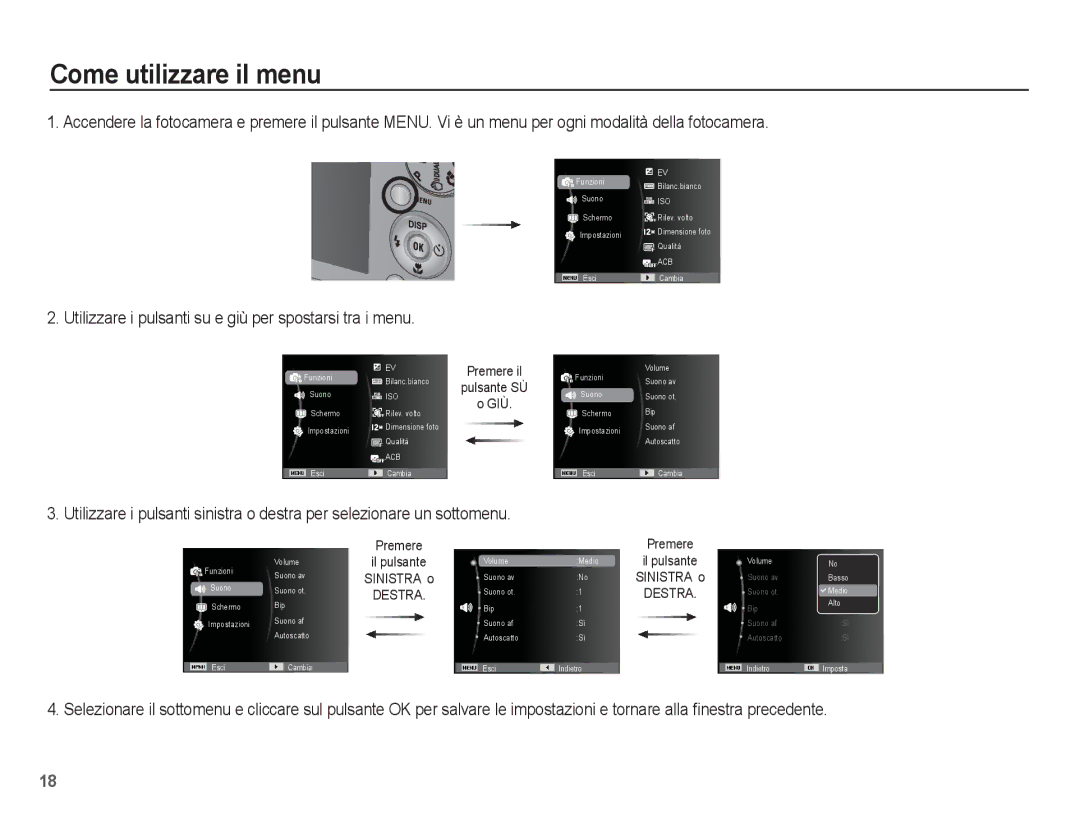 Samsung EC-PL65ZPBP/IT, EC-PL65ZABP/IT Come utilizzare il menu, Utilizzare i pulsanti su e giù per spostarsi tra i menu 