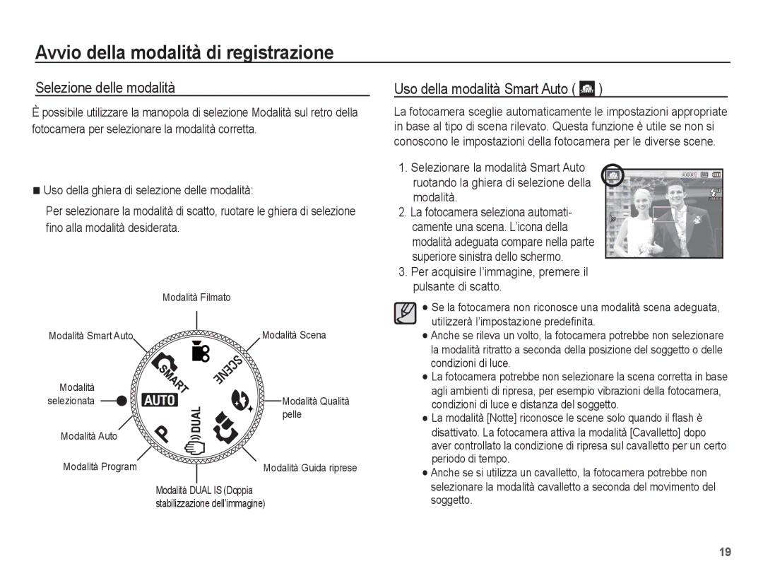 Samsung EC-PL65ZABA/IT Avvio della modalità di registrazione, Selezione delle modalità, Uso della modalità Smart Auto 