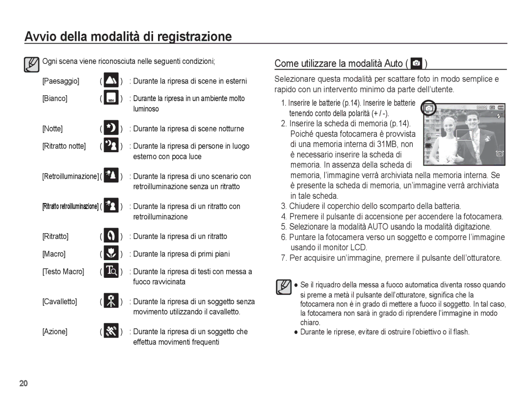 Samsung EC-PL65ZABP/IT, EC-PL65ZBBP/IT manual Come utilizzare la modalità Auto, Di una memoria interna di 31MB, non 