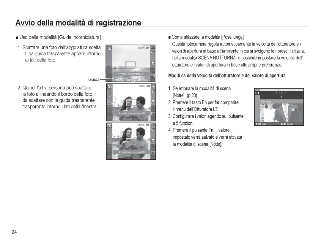 Samsung EC-PL65ZSBP/IT manual Come utilizzare la modalità Posa lunga, Selezionare la modalità di scena Notte. p.23 