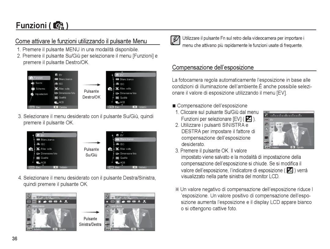 Samsung EC-PL65ZBBA/IT Come attivare le funzioni utilizzando il pulsante Menu, Compensazione dell’esposizione, Desiderato 