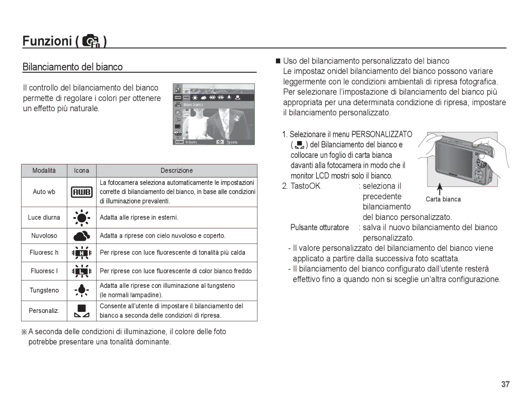 Samsung EC-PL65ZRBA/IT, EC-PL65ZABP/IT, EC-PL65ZBBP/IT, EC-PL65ZBBA/IT, EC-PL65ZSBP/IT manual Bilanciamento del bianco 