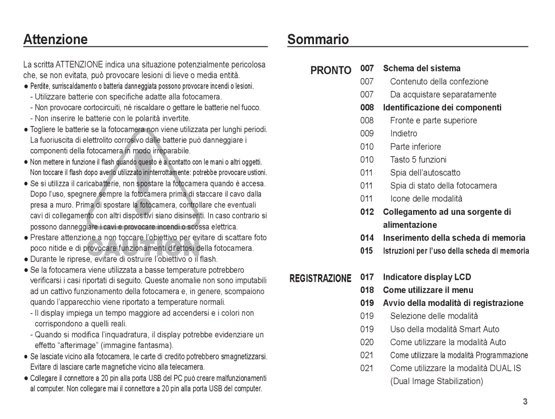 Samsung EC-PL65ZSBP/IT, EC-PL65ZABP/IT manual Attenzione Sommario, Contenuto della confezione Da acquistare separatamente 