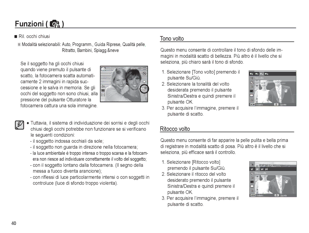 Samsung EC-PL65ZABA/IT, EC-PL65ZABP/IT, EC-PL65ZBBP/IT, EC-PL65ZBBA/IT, EC-PL65ZRBA/IT manual Tono volto, Ritocco volto 