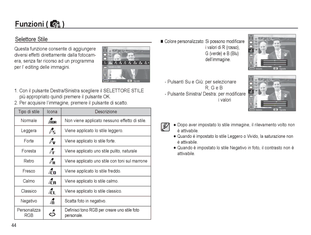 Samsung EC-PL65ZRBA/IT, EC-PL65ZABP/IT, EC-PL65ZBBP/IT manual Selettore Stile, Colore personalizzato Si possono modiﬁcare 