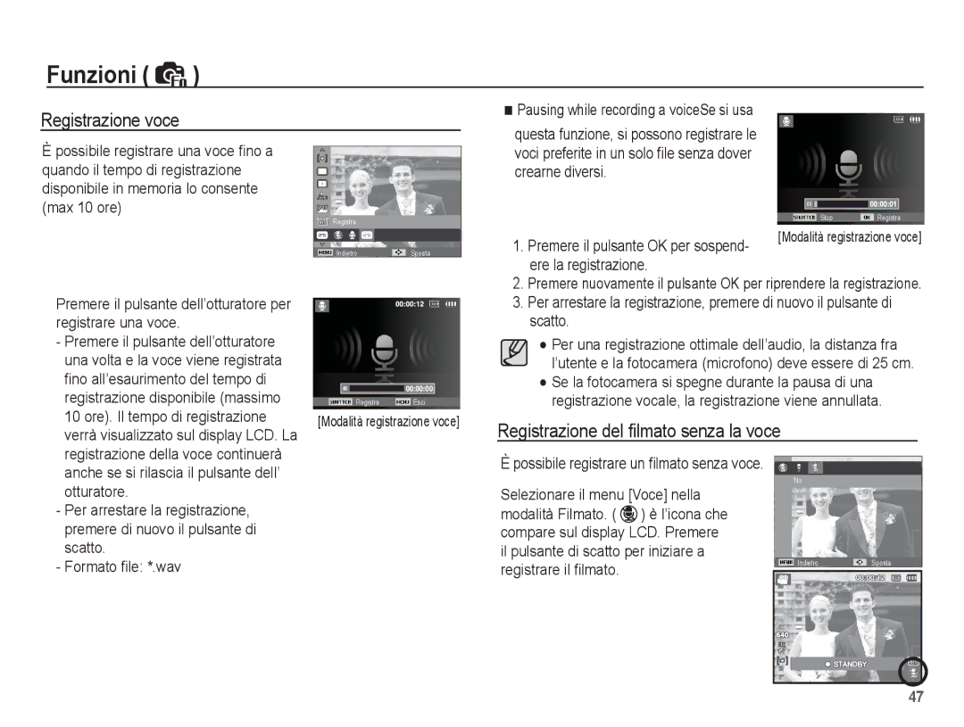 Samsung EC-PL65ZABA/IT, EC-PL65ZABP/IT, EC-PL65ZBBP/IT manual Registrazione voce, Registrazione del ﬁlmato senza la voce 