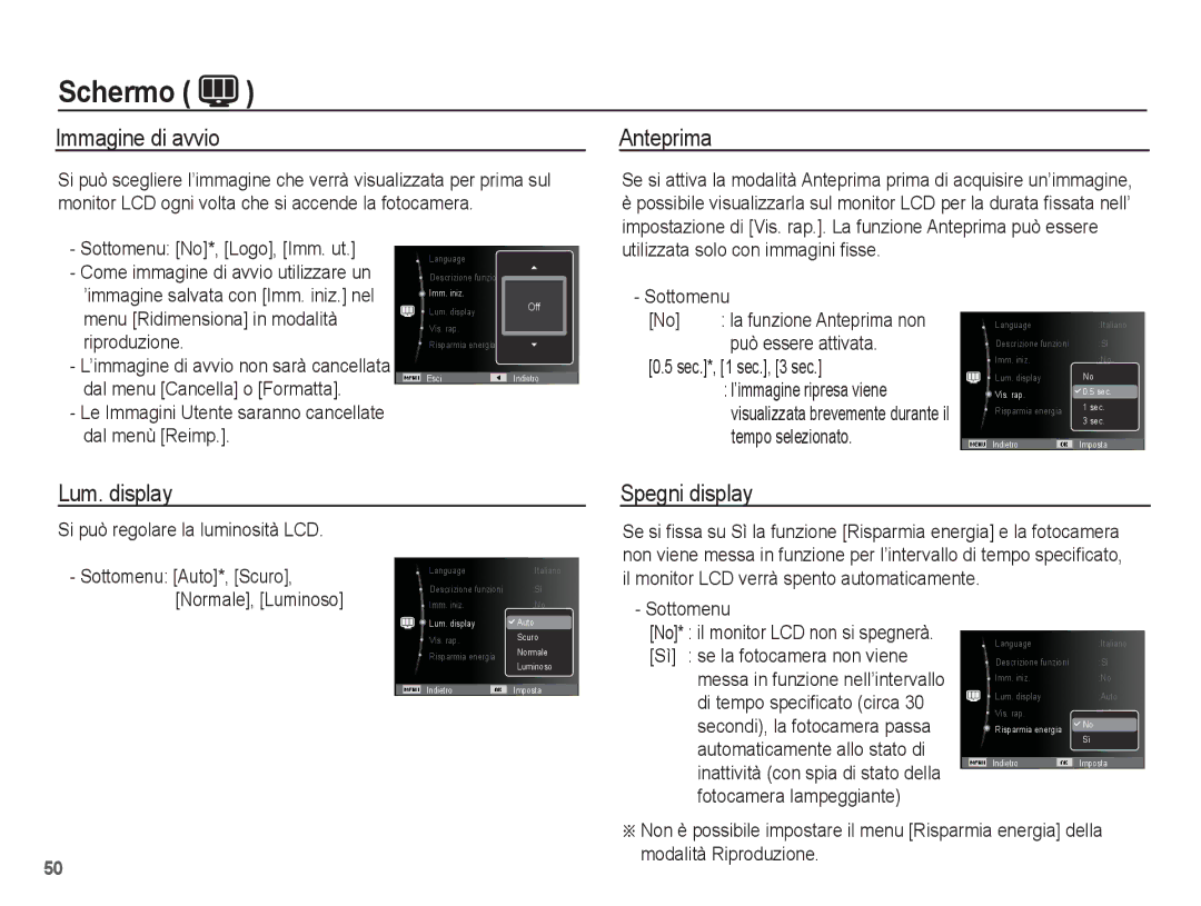 Samsung EC-PL65ZBBA/IT, EC-PL65ZABP/IT, EC-PL65ZBBP/IT manual Immagine di avvio, Anteprima, Lum. display Spegni display 