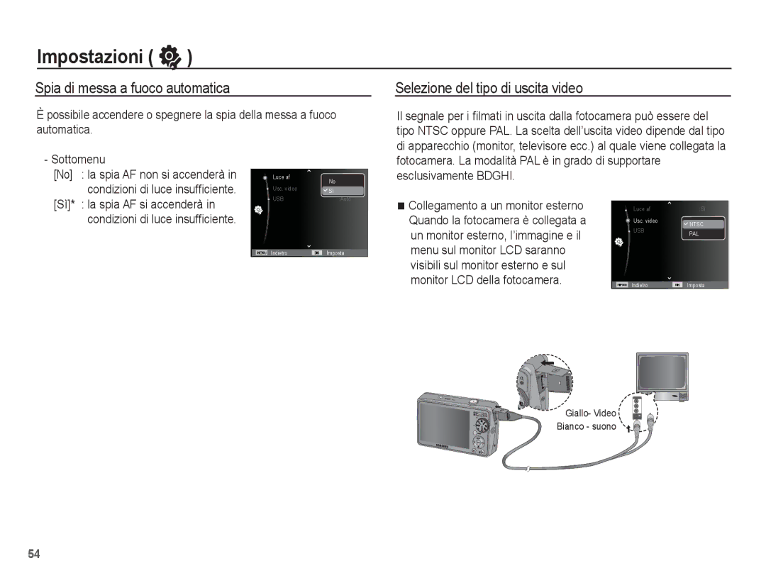 Samsung EC-PL65ZABA/IT, EC-PL65ZABP/IT, EC-PL65ZBBP/IT Spia di messa a fuoco automatica, Selezione del tipo di uscita video 