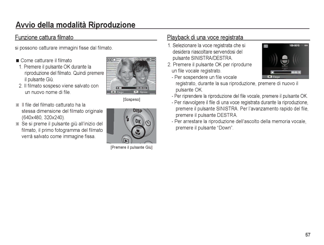 Samsung EC-PL65ZBBA/IT manual Funzione cattura filmato, Playback di una voce registrata, Premere il pulsante Destra 