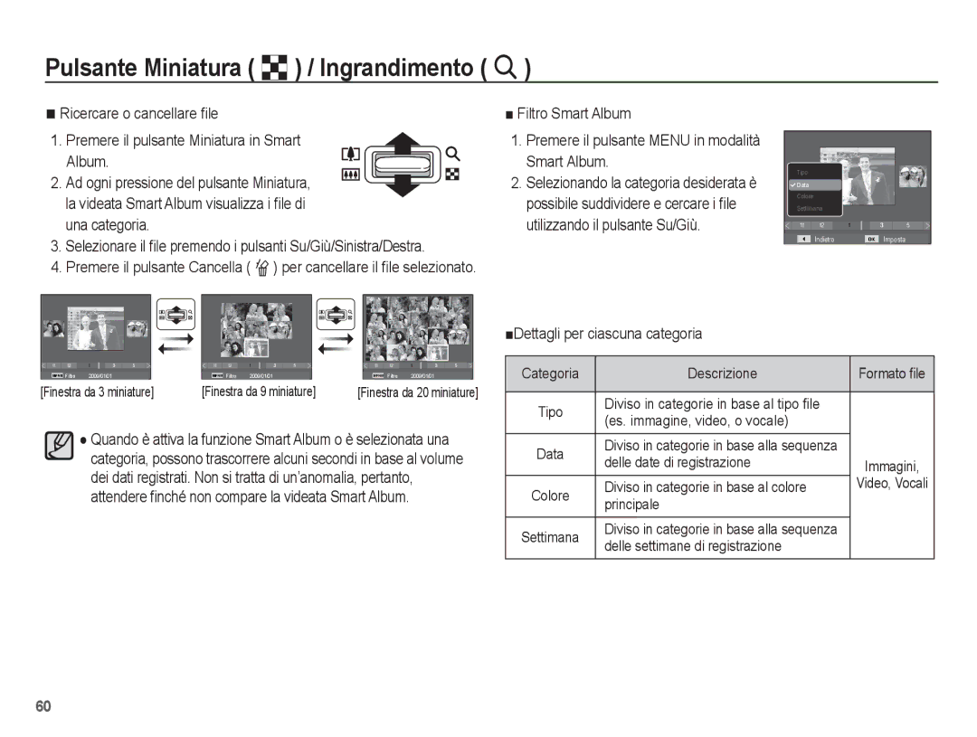 Samsung EC-PL65ZPBP/IT, EC-PL65ZABP/IT manual Pulsante Miniatura º / Ingrandimento í, ŶDettagli per ciascuna categoria 