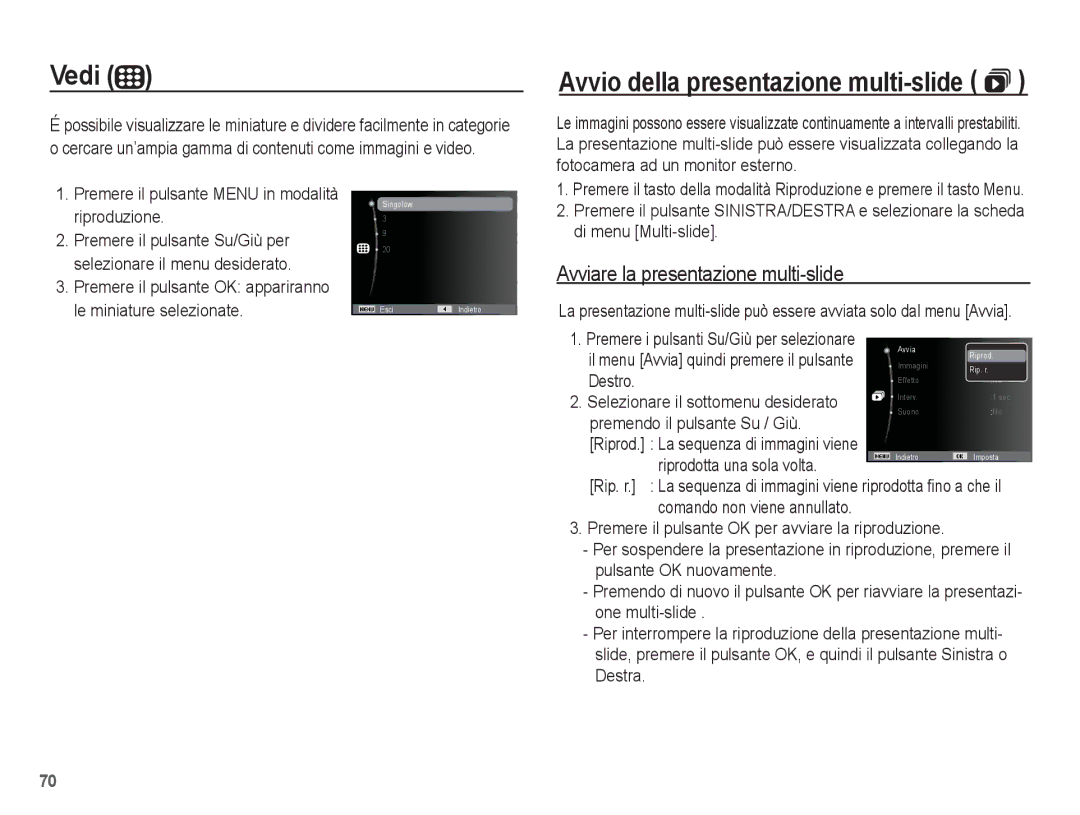 Samsung EC-PL65ZBBP/IT, EC-PL65ZABP/IT, EC-PL65ZBBA/IT, EC-PL65ZRBA/IT manual Vedi, Avviare la presentazione multi-slide 