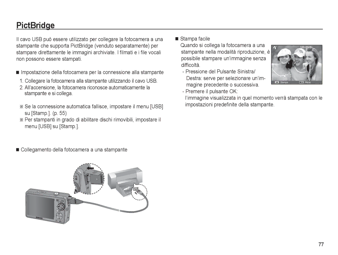 Samsung EC-PL65ZBBP/IT, EC-PL65ZABP/IT, EC-PL65ZBBA/IT, EC-PL65ZRBA/IT manual PictBridge, Magine precedente o successiva 