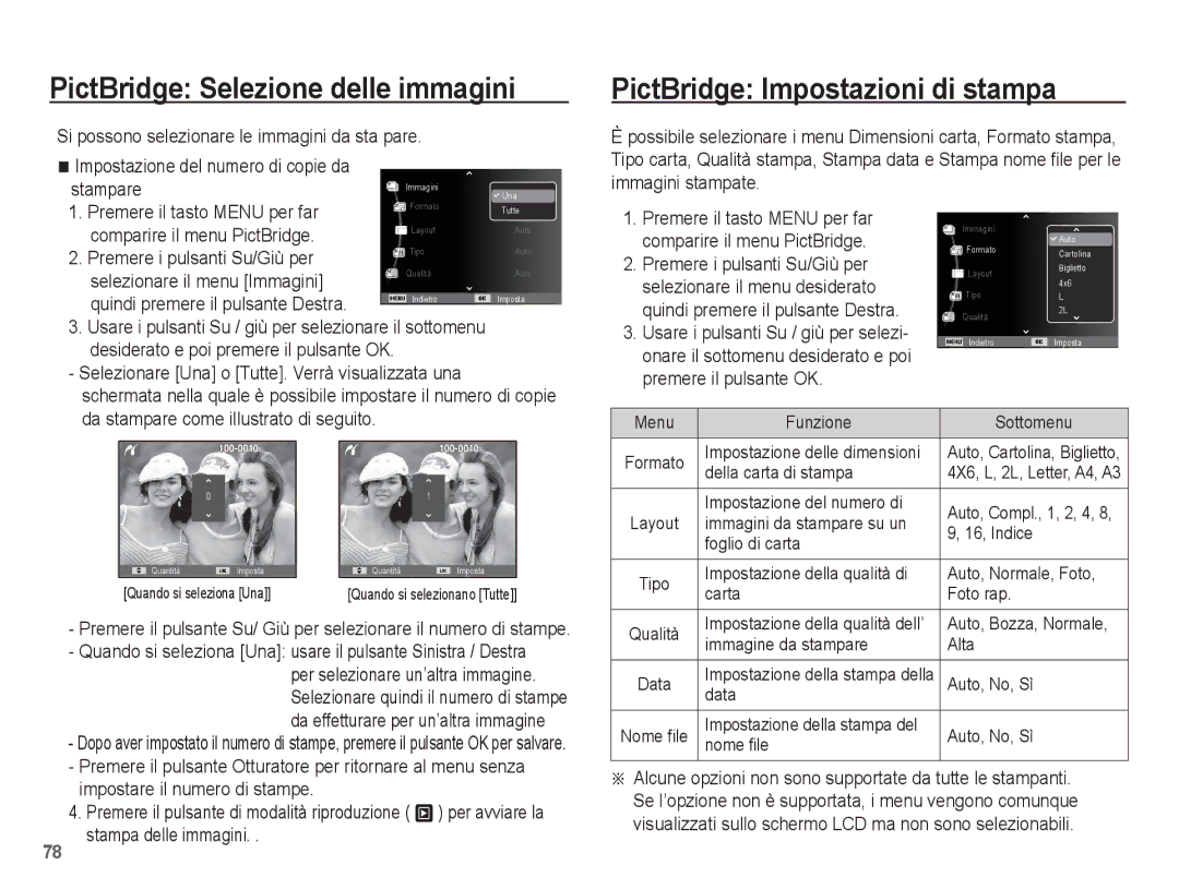 Samsung EC-PL65ZBBA/IT, EC-PL65ZABP/IT manual PictBridge Selezione delle immagini, PictBridge Impostazioni di stampa 