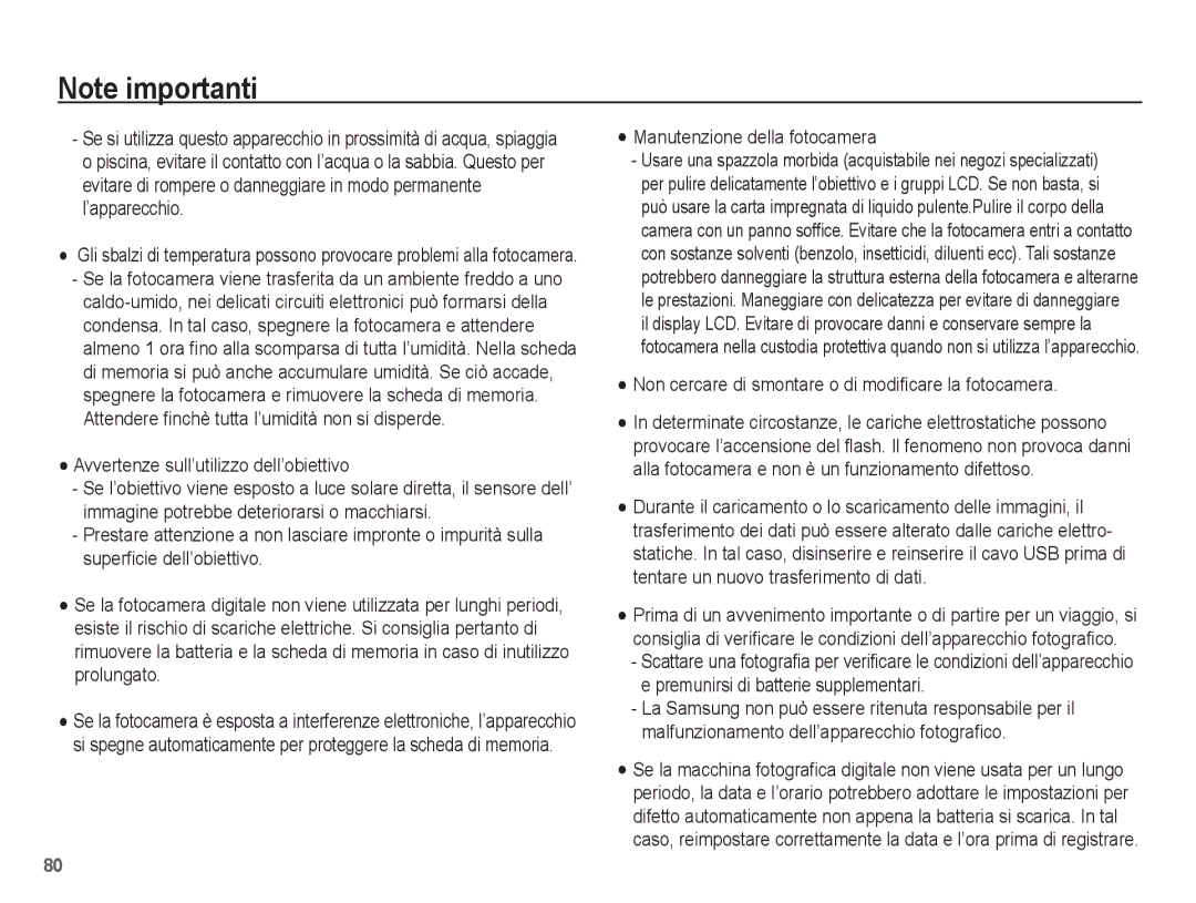 Samsung EC-PL65ZSBP/IT, EC-PL65ZABP/IT manual Avvertenze sull’utilizzo dell’obiettivo, Manutenzione della fotocamera 