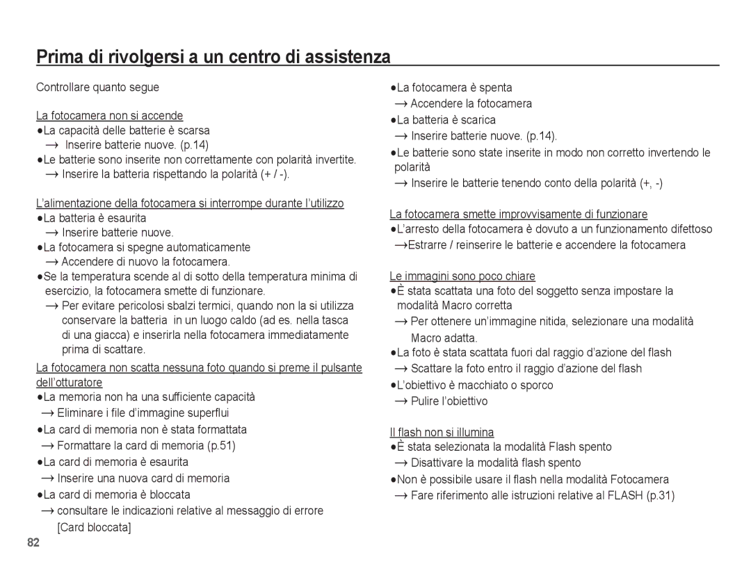 Samsung EC-PL65ZABA/IT manual Prima di rivolgersi a un centro di assistenza, La fotocamera è spenta Accendere la fotocamera 