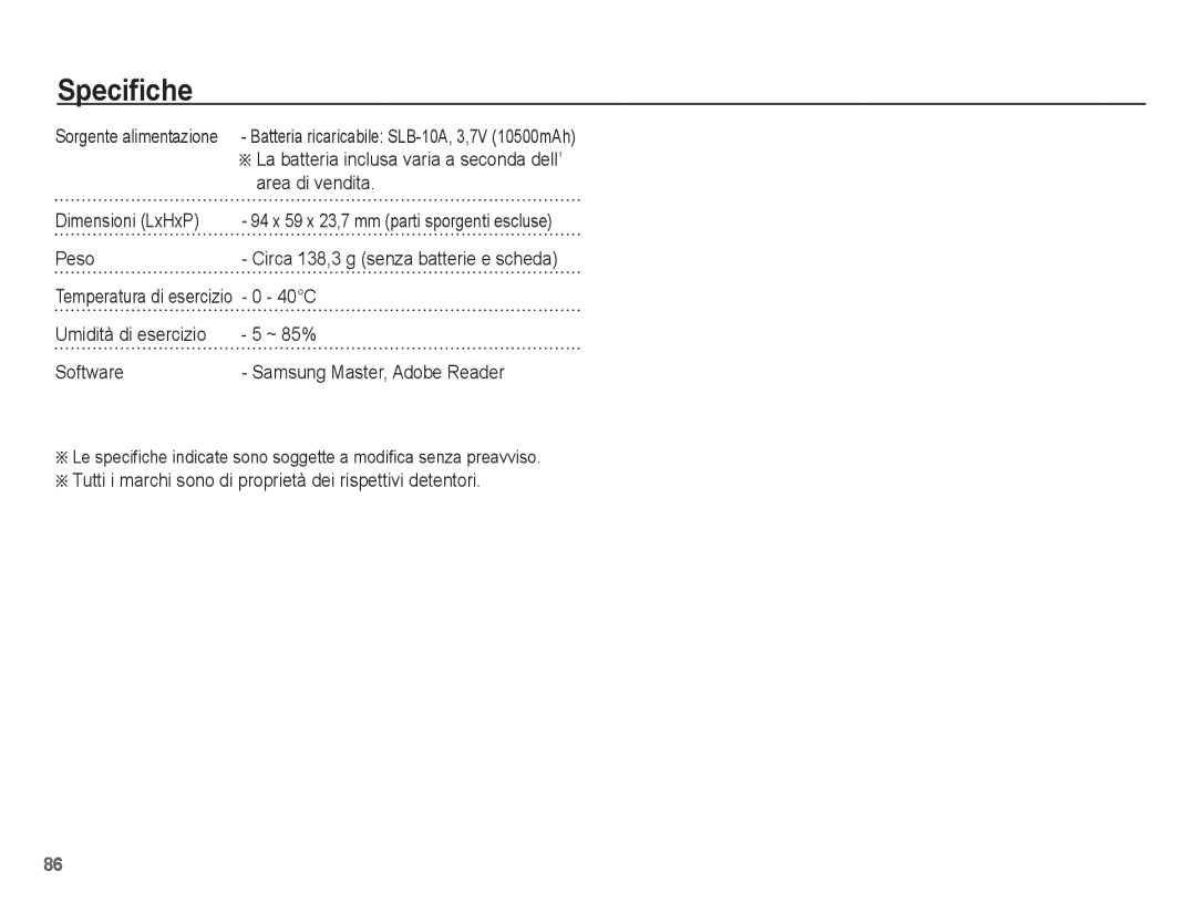 Samsung EC-PL65ZRBA/IT, EC-PL65ZABP/IT, EC-PL65ZBBP/IT, EC-PL65ZBBA/IT manual Area di vendita, Dimensioni LxHxP, Peso, 40C 