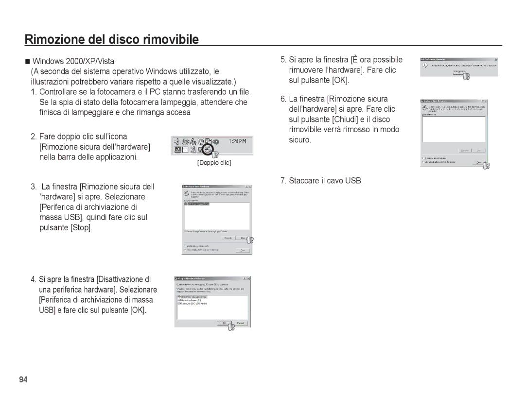 Samsung EC-PL65ZSBP/IT manual Rimozione del disco rimovibile, Windows 2000/XP/Vista, Nella barra delle applicazioni 