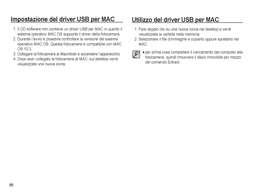 Samsung EC-PL65ZBBP/IT, EC-PL65ZABP/IT, EC-PL65ZBBA/IT Impostazione del driver USB per MAC, Utilizzo del driver USB per MAC 