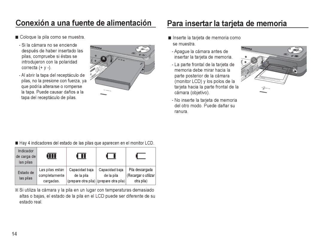 Samsung EC-PL65ZABP/CO, EC-PL65ZBBP/E1 Para insertar la tarjeta de memoria, Inserte la tarjeta de memoria como se muestra 