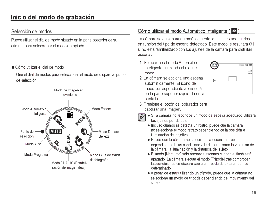 Samsung EC-PL65ZBBP/E1 Inicio del modo de grabación, Selección de modos, Cómo utilizar el modo Automático Inteligente 