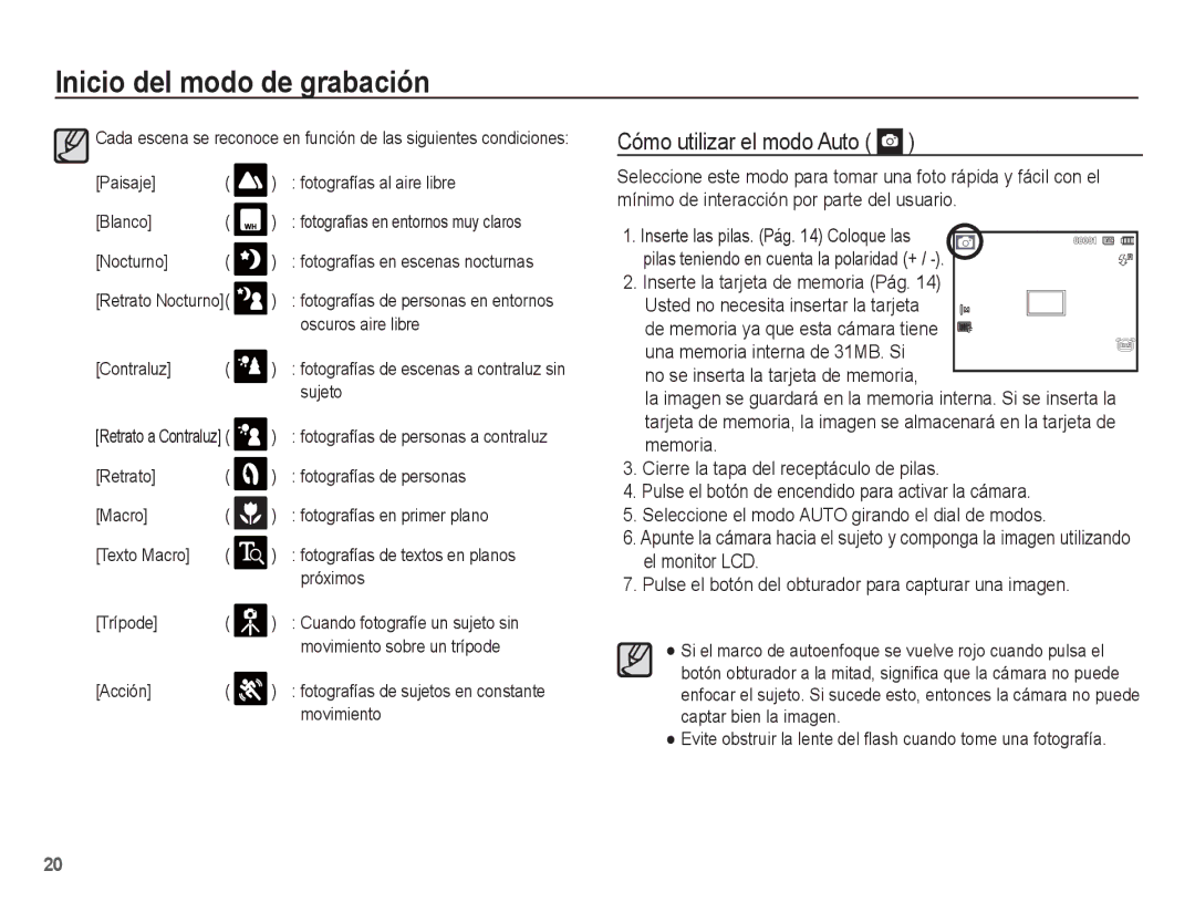 Samsung EC-PL65ZABP/CO, EC-PL65ZBBP/E1 manual Cómo utilizar el modo Auto, Inserte la tarjeta de memoria Pág 