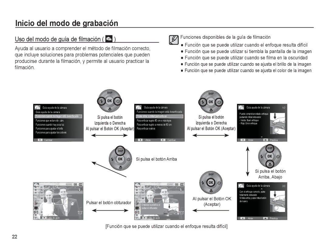 Samsung EC-PL65ZABP/CO, EC-PL65ZBBP/E1 manual Uso del modo de guía de ﬁlmación 