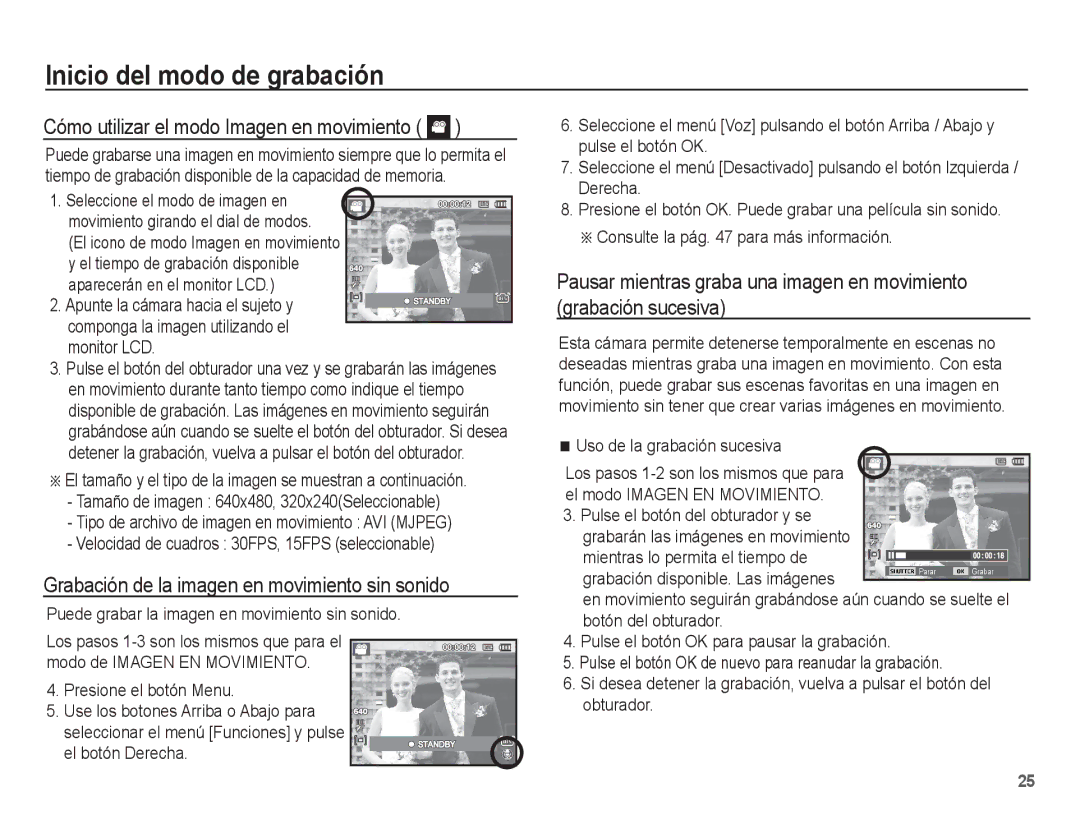 Samsung EC-PL65ZBBP/E1 manual Cómo utilizar el modo Imagen en movimiento, Grabación de la imagen en movimiento sin sonido 