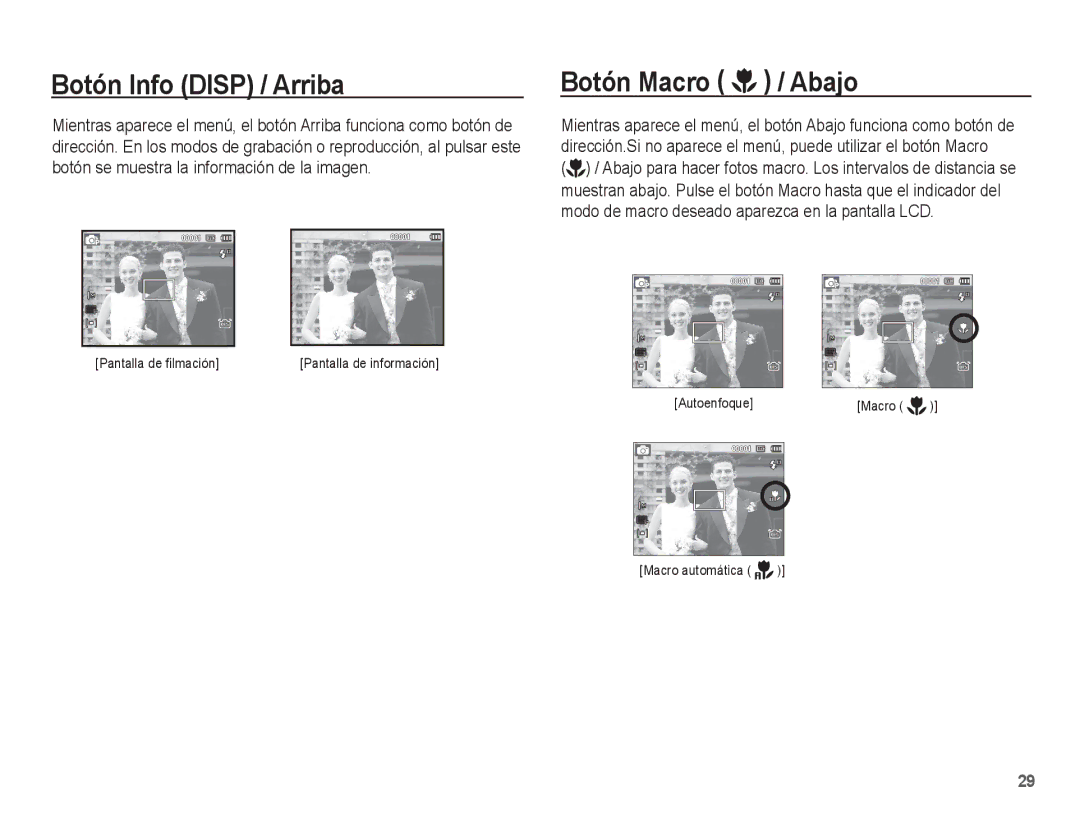 Samsung EC-PL65ZBBP/E1, EC-PL65ZABP/CO manual Botón Info Disp / Arriba, Botón Macro / Abajo 