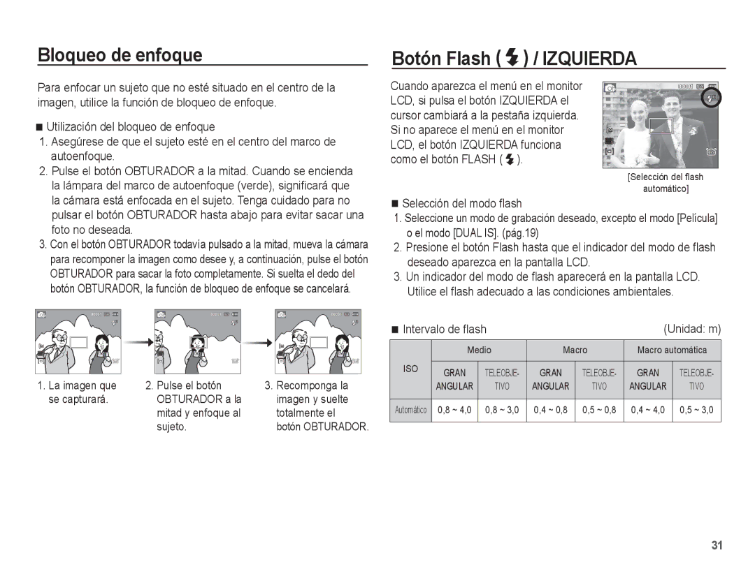 Samsung EC-PL65ZBBP/E1, EC-PL65ZABP/CO manual Bloqueo de enfoque, Botón Flash / Izquierda, Intervalo de ﬂash 