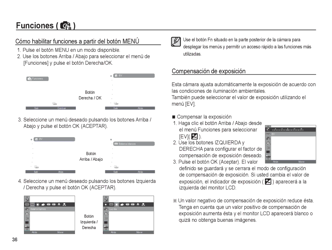 Samsung EC-PL65ZABP/CO, EC-PL65ZBBP/E1 manual Cómo habilitar funciones a partir del botón Menú, Compensación de exposición 