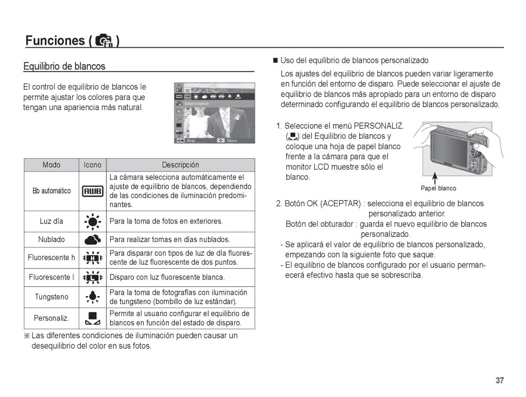 Samsung EC-PL65ZBBP/E1, EC-PL65ZABP/CO manual Uso del equilibrio de blancos personalizado, Personalizado 