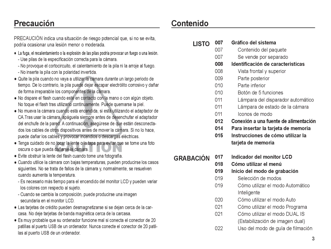 Samsung EC-PL65ZBBP/E1 Precaución Contenido, Contenido del paquete Se vende por separado, Uso del modo de guía de ﬁlmación 