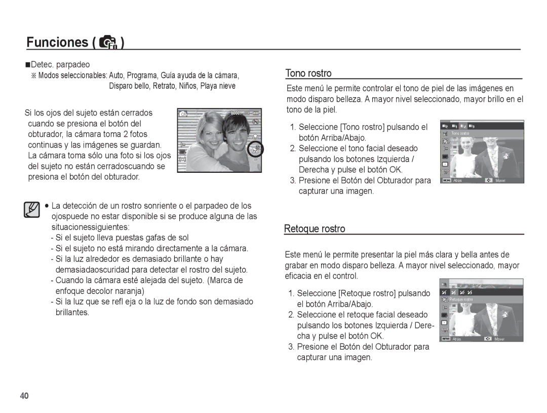 Samsung EC-PL65ZABP/CO, EC-PL65ZBBP/E1 manual Tono rostro, Retoque rostro 